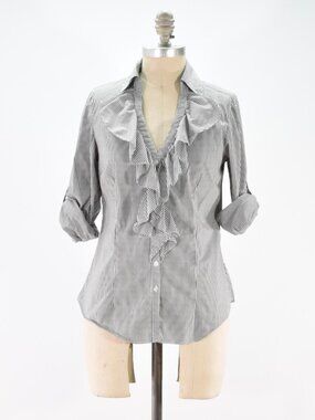 White House Black Market Gray Pinstripe Ruffle Collar Button-Up Blouse